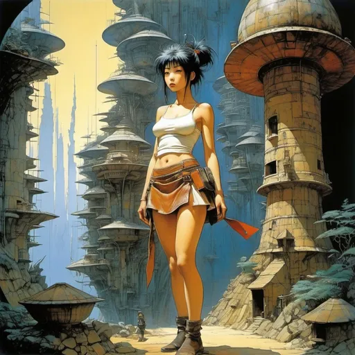 Prompt: Enki Bilal, Jean Giraud, Jean-Claude Mézières, Harue Koga, John Blanche, Surrealism, wonder, strange, fantastical, fantasy, Sci-fi, Japanese anime, pottery kiln keeper, beautiful girl in miniskirt, perfect voluminous body sweating, organic geometric artificial object forest, life inside objects, detailed masterpiece 