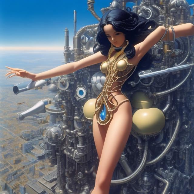 Prompt: Thomas Blackshear, Heikala, Surreal, mysterious, strange, fantastical, fantasy, Sci-fi, Japanese anime, transparent miniskirt beautiful girl, perfect voluminous body, traveling the world, deja vu, mechanical parts, detailed masterpiece bird’s eye view angles 