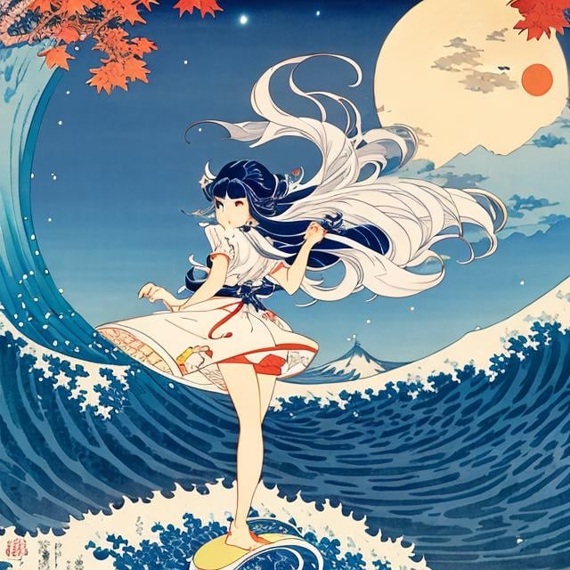 Prompt: Heikala, Hokusai, ukiyo-E style, Carl Barks, Japanese Anime Mysterious Bizarre Fantastic Surreal Sci-fi Fantasy Miniskirt Beautiful Girl Autumn Leaves Under the Moon Trico Surfing Rabbit detailed high quality masterpiece