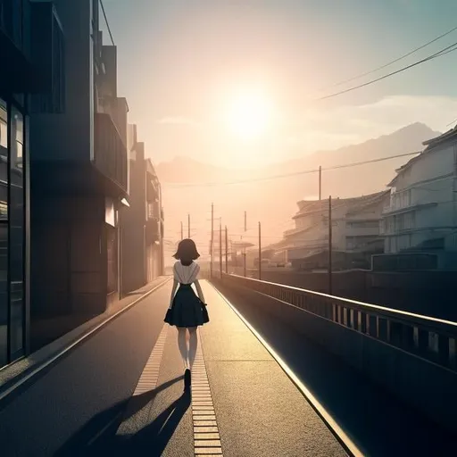 Prompt: Johann Dieter Wassmann, Shigeru Tamura, Surreal, mysterious, strange, fantastic, fantasy, Sci-fi, Japanese anime, miniskirt beautiful girl and cat walking in the world between night and day, geometry, perfect body, detailed masterpiece perspective cinematic lighting 