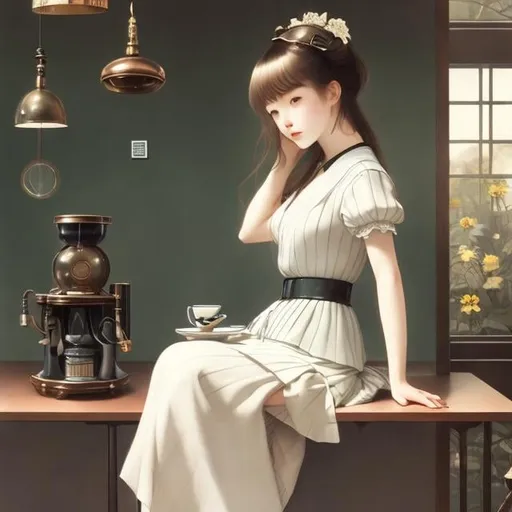 Prompt: Kate Greenaway, Hiroshi Masumura, Surreal, mysterious, strange, fantastical, fantasy, Sci-fi, Japanese anime, star fragments, perpetual motion machine, miniskirt beautiful girl in a coffee shop, perfect voluminous body, detailed masterpiece 