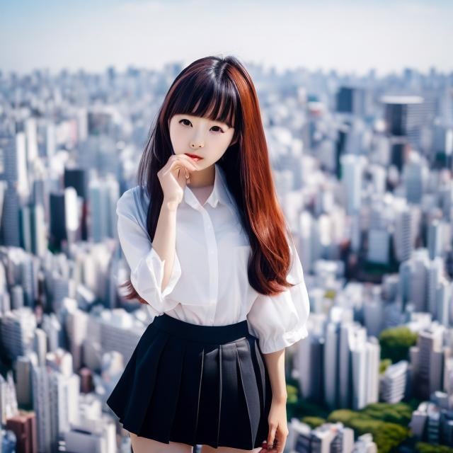 Prompt: Narumi Kakinouchi, A E Marty, Surreal, mysterious, strange, fantastical, fantasy, Sci-fi, Japanese anime, giant miniskirt beautiful high school girl, perfect voluminous body, Tokyo sightseeing, as tall as Tokyo Tower, peace in a commemorative photo, boyish short hair, bird's eye view, perspectives angles realistic 