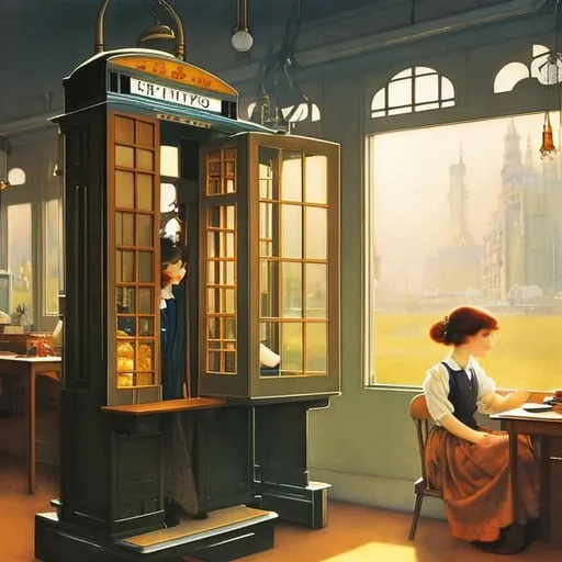 Prompt: Jessie Willcox Smith, Edmund Dulac, Heath Robinson, animesque　wondrous　strange　Whimsical　Sci-Fi Fantasy　time machine, Telephone booth type, under repair, The repairman is a Japanese high school girl, solo girl, a beauty girl　inside factory, high school girl working while floating in the air, innocent beautiful face, hyper detailed high resolution masterpiece 