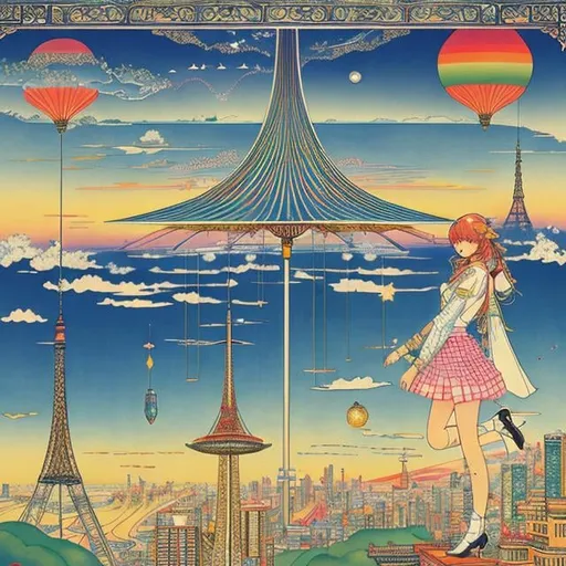Prompt: Walter Crane, Anne Anderson drawing lines Japanese Anime surreal wondrous strange Whimsical fanciful Sci-Fi Fantasy Miniskirt schoolgirl Far thunder Rainbow from the plane Aurora Blue Sky Tokyo Tower detailed resolution definition high quality masterpiece