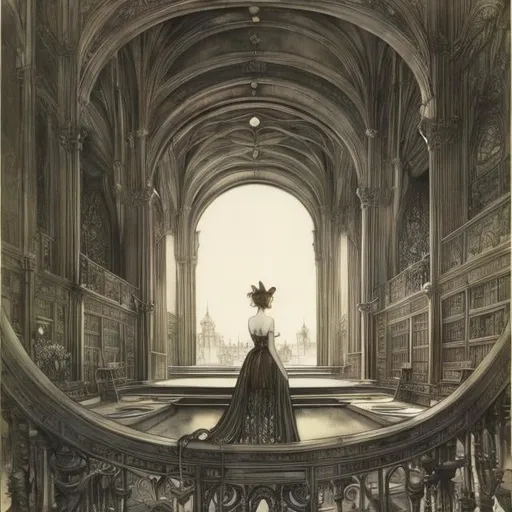 Prompt: Arthur Rackham, Paul Nash, Surreal, mysterious, bizarre, fantastical, fantasy, Sci-fi, Japanese anime, oval court theater, baroque opera of blonde miniskirt beautiful girl Alice, perfect voluminous body, magician, rabbit, dragon, queen of hearts, bird's eye view, three-dimensional composition, detailed masterpiece 