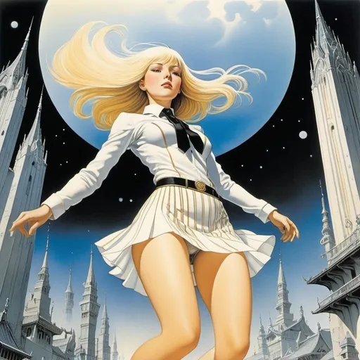 Prompt: Kay Nielsen, Guido Crepax, Benito Jacovitti, Aslan artist, Bianca Bagnarelli, Surrealism Mysterious Weird Fantastic Fantasy Sci-fi, Japanese Anime, Fever Accelerator Miniskirt Beautiful High School Girl, perfect voluminous body, Dynamic, action poses, detailed masterpiece low high angles perspectives 