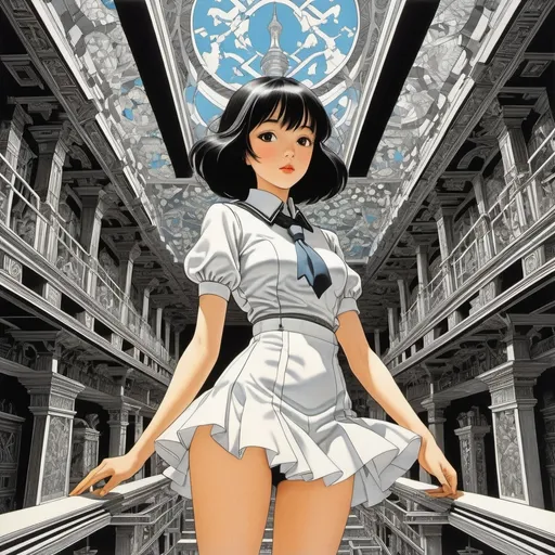 Prompt: M C Escher, Giovanni Battista Piranesi, Keiko Takemiya, Shigeru Tamura, George Barbier, Surrealism Mysterious Weird Fantastic Fantasy Sci-fi, Japanese Anime, Mineral Crystal Recipe, Festival Architecture and Molecular Arrangement, Miniskirt Beautiful High School Girl, perfect voluminous body, detailed masterpiece 