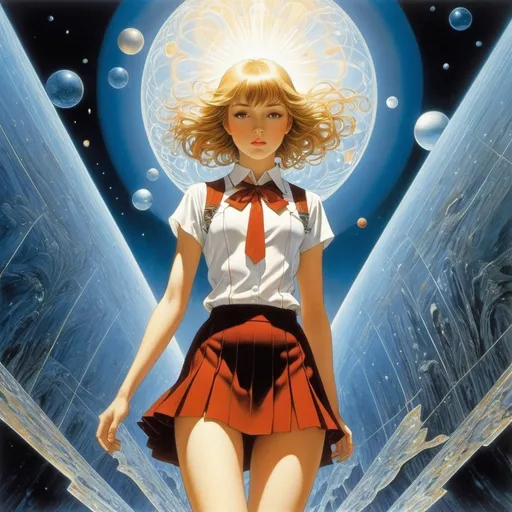 Prompt: Jean Delville, Annie French, Robin Philipson, Erte, Kore Yamazaki, Surrealism, wonder, bizarre, bizarre, fantasy, Sci-fi, Japanese anime, fossils of the solar system, soft crystal sea, sinking street corner, beautiful high school girl in a miniskirt going to school, perfect voluminous body, detailed masterpiece 