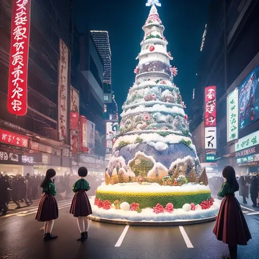 Prompt: Dariusz Klimczak, Koyoharu Gotouge, Surreal, mysterious, strange, fantastical, fantasy, sci-fi, Japanese anime A giant Christmas cake appears in the middle of an intersection in Shinjuku. Beautiful high school girls in miniskirts happily crowd around and climb onto the cake using a ladder, detailed masterpiece 