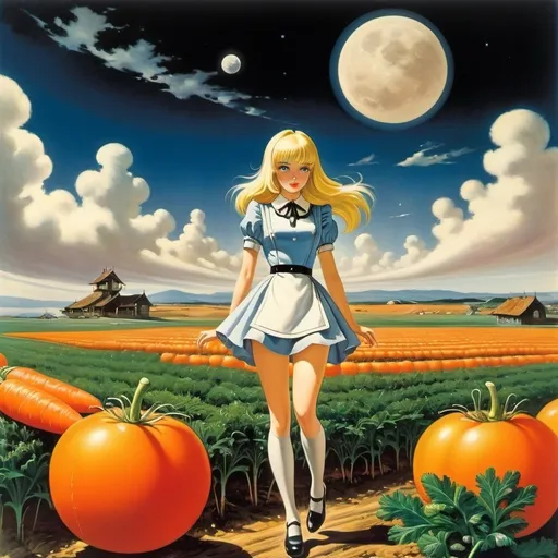 Prompt: Thomas Crane, Antonio Rubino, Harry Rountree, Kay O'Neill, Yves Tanguy, Surrealism Mysterious Weird Fantastic Fantasy Sci-Fi, Japanese Anime, Blonde miniskirt maiden Alice in a box, perfect voluminous body, The carrot field where the moon fell, detailed masterpiece 