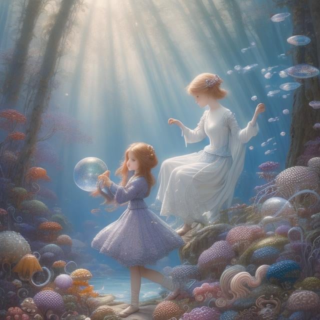 Prompt: Margaret Tarrant, Elsa Beskow, Charles Robinson, Surreal, mysterious, strange, fantastical, fantasy, Sci-fi fantasy, fight between an octopus and a whale in the forest, a beautiful girl in a miniskirt who plays the role of mediator, perfect voluminous body, soap bubbles, detailed masterpiece 