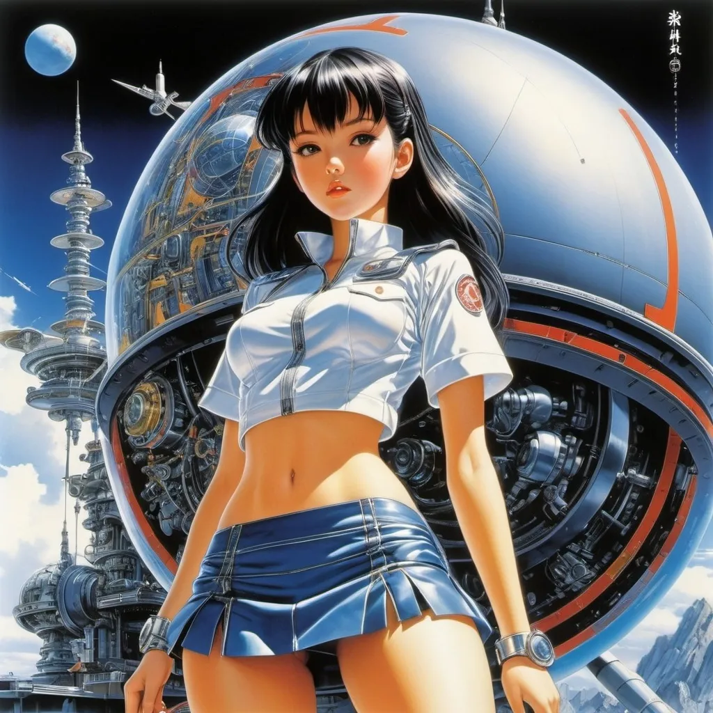 Prompt: Naoyuki Kato, Hajime sorayama, Jan Marcin Szancer, Anatol Petrytsky, Bob Larkin, Surrealism Mysterious Weird Fantastic Fantasy Sci-fi, Japanese Anime, Gear Blueprint, Winding the Earth's Screw, Miniskirt Beautiful High School Girl, perfect voluminous body, detailed masterpiece 