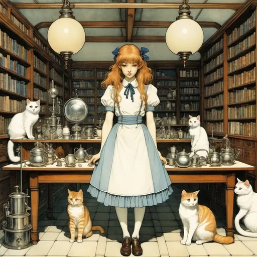 Prompt: Arthur Rackham, James Jean, Yoshifumi Kondō, Frank Quitely, Florence Harrison, Surrealism, wonder, strange, fantastical, fantasy, Sci-fi, Japanese anime, the laboratory is another artificial paradise created by the 19th century, cats, coffee, and a miniskirt beautiful high school girl who calculates, fun, perfect voluminous body, detailed masterpiece 