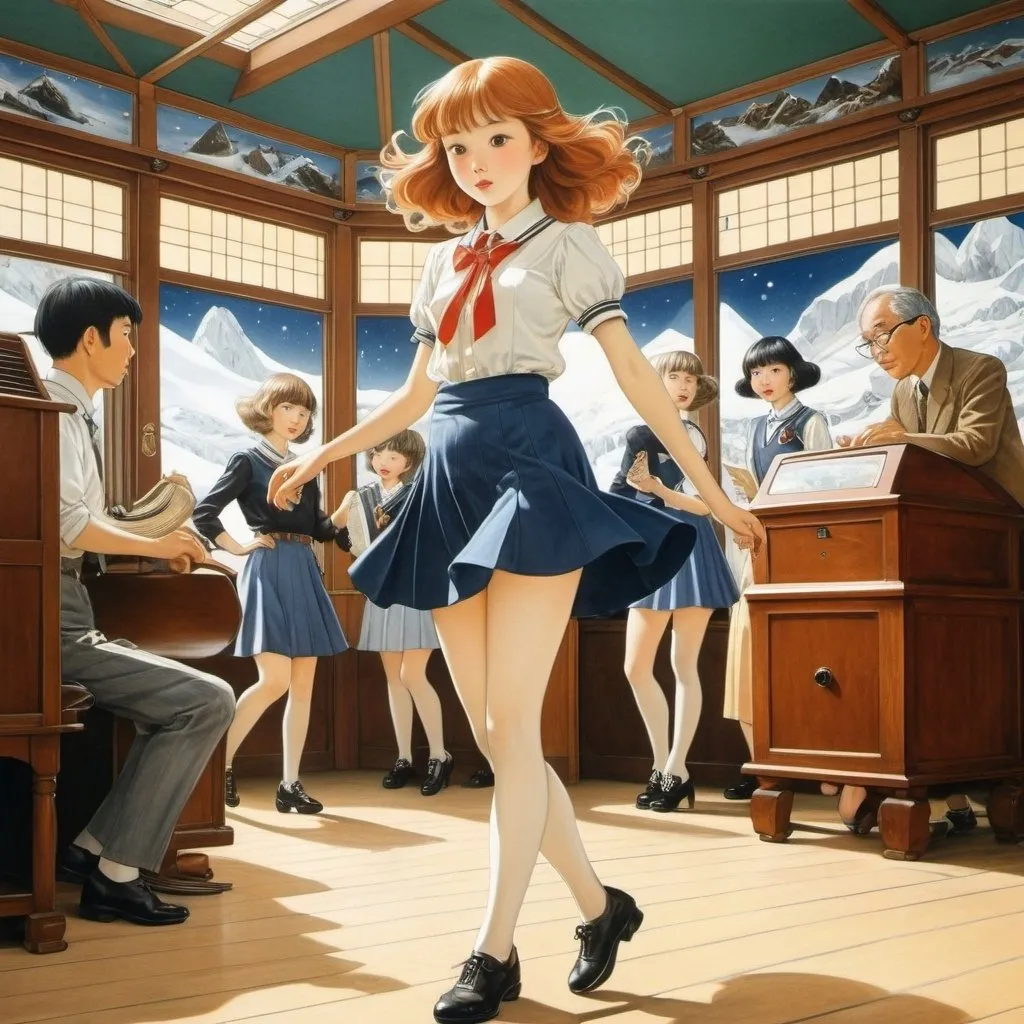 Prompt: Shigeru Tamura, David Loyd, Elsa Beskow, Russell Drysdale, Yuu Watase, Surrealism, strange, bizarre, fantastical, fantasy, Sci-fi, Japanese anime, dancing at the North Pole, phonograph playing geometric music, beautiful high school girl in a miniskirt, perfect voluminous body, detailed masterpiece 