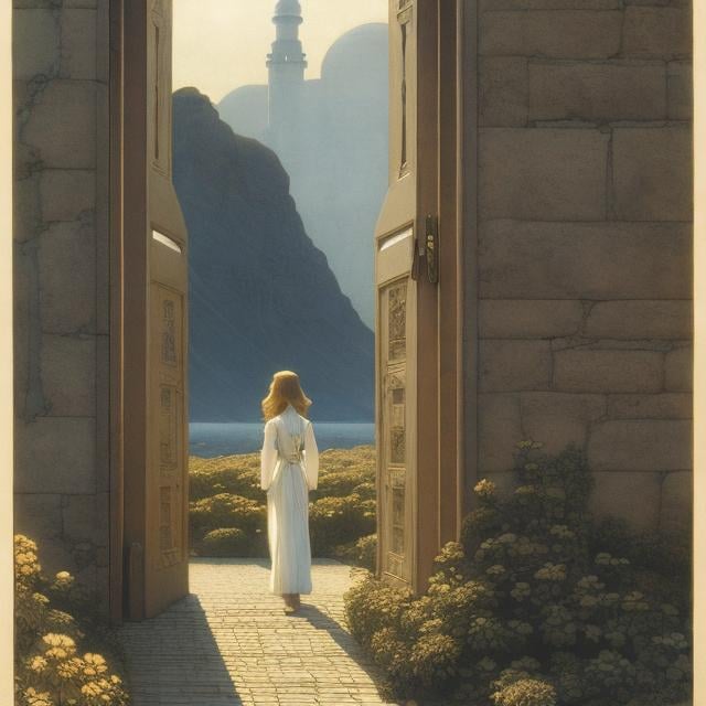 Prompt: Frederick Cayley Robinson, Edgar P. Jacobs, Surreal, mysterious, strange, fantastical, fantasy, Sci-fi, Japanese anime, Beach of Babylon, beautiful girl in a rider suit, perfect body, return to the future, door of time, hyper detailed masterpiece 