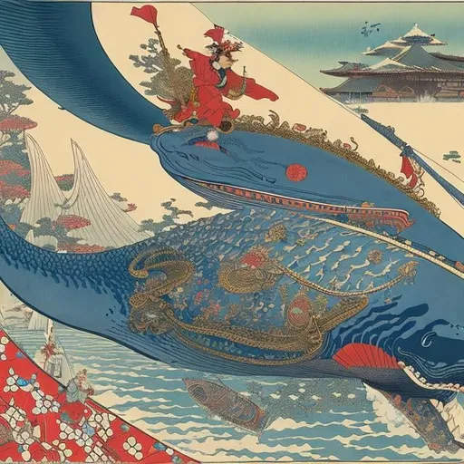 Prompt: Jean Giraud, Katsushika Hokusai Eugène Grasset Japanese Anime Sci-Fi Fantasy Circus Trapeze Flying Whale Cicada Alice at the Tea Party hyperdetailed high definition high resolution high quality masterpiece