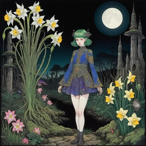 Prompt: Harry Clarke, Joanna Concejo, Ignacy Witz, Jacek Yerka, Hiroshi masumura, Surrealism, Mysterious, Bizarre, Outlandish, Fantasy, Sci-fi, Japanese Anime, Moonlight Botanical Garden, Flowers that only bloom in the darkness, Mossenhikarikari moss, Nocturnal glass daffodils, Dark Paphiopedilum, Miniskirt beautiful girl plant hunter, perfect voluminous body, detailed masterpiece 