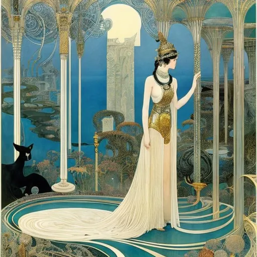 Prompt: Kay Nielsen, Walter Crane, Surreal, mysterious, strange, fantastical, fantasy, Sci-fi, Japanese anime, path of light, optical lenses, mirrors, lasers, Roman ruins, lady In dress, perfect voluminous body, detailed masterpiece 