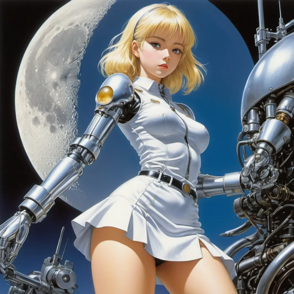 Prompt: Naoyuki Kato, Hajime Sorayama, Katsuji Matsumoto, Yukihiko Tajima, Christopher Foss, Surrealism, Mysterious, Strange, Outlandish, Fantasy, Sci-Fi, Japanese Anime, Moon rising in the spiral of evolution, Alice, a blonde miniskirt mechanically armored beautiful girl, perfect voluminous body, past, present, future, detailed masterpiece 