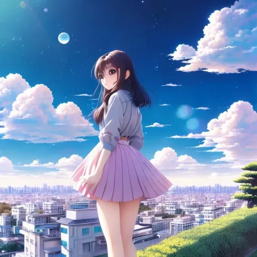 Prompt: Takako Hirai, Junaida, Heikala, Surreal, mysterious, strange, fantastical, fantasy, Sci-fi, Japanese anime, sweets house, beautiful high school girl in a miniskirt who climbs on the roof to eat, perfect voluminous body, pale blue and pink sky, clouds, hyper detailed masterpiece, 