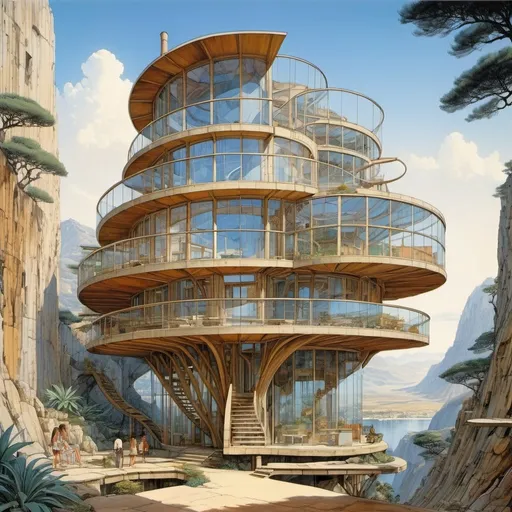 Prompt: Paolo Soleri, Lebbeus Woods, Surreal, mysterious, strange, fantastical, fantasy, Sci-fi, Japanese anime, transparent house, glass architecture, blueprints, perspective and cross-sectional views, beautiful high school girl in miniskirt, perfect voluminous body, detailed masterpiece hand colour drawings