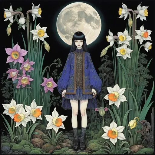 Prompt: Harry Clarke, Joanna Concejo, Ignacy Witz, Jacek Yerka, Hiroshi masumura, Surrealism, Mysterious, Bizarre, Outlandish, Fantasy, Sci-fi, Japanese Anime, Moonlight Botanical Garden, Flowers that only bloom in the darkness, Mossenhikarikari moss, Nocturnal glass daffodils, Dark Paphiopedilum, Miniskirt beautiful girl plant hunter, perfect voluminous body, detailed masterpiece 