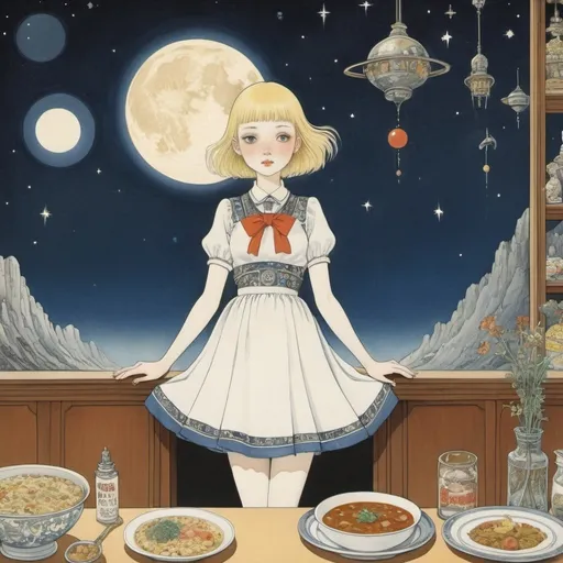 Prompt: Kay Nielsen, Mabel Attwell, Maurice Sendak, Elsa Beskow, Kore Yamazaki, Surrealism, wonder, strange, bizarre, fantasy, Sci-fi, Japanese anime, cutlet curry love, hungry mini-skirt beautiful high school girl, perfect voluminous body, starry sky observation restaurant, detailed masterpiece 