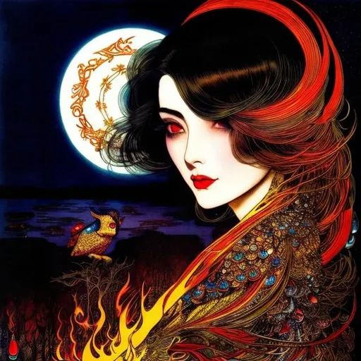 Prompt: Harry Clarke, Takeo Takei, Surreal, mysterious, strange, fantastical, fantasy, Sci-fi, Japanese anime, beautiful girl with flame hair, owl house, detailed masterpiece 