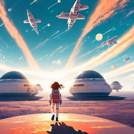 Prompt: Kenji Tsuruta art style, space port, starship landing, a girl in pilot suit walking toward the starship, double mars in sky, several starships flying away far in background, detailed, sci fi, illustration 