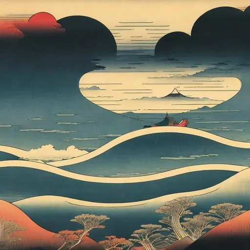 Prompt: Ukiyo-e style, Winsor McCay, AcE Marty, Surreal Anime Mysterious Bizarre Fantastic Fantasy Sci-Fi Fantasy Black and White Luo Twenty-two Bridges Sixty-six Crown Bands Footprints, Distant Thunder, Pinnacles, Kaiji, Nightfall, Sea of ​​Clouds, Blue Formation fills the sky with a thick circle, Tenchu ​​Kuara