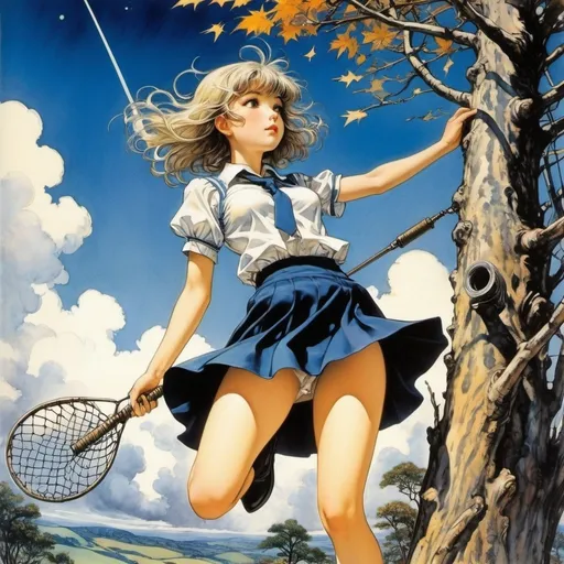 Prompt: Arthur Rackham, Jack Binder, Earl Norem, Kawabe Masahisa, Sean Phillips, Surrealism, wonder, strange, bizarre, fantasy, Sci-fi, Japanese anime, theater in the tree, shooting stars in the net, blue silver sky, miniskirt beautiful high school girl, perfect voluminous body, detailed masterpiece 