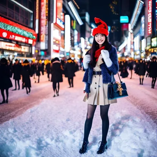 Prompt: Yoshiko Nishitani, Walter Crane, Surreal, mysterious, bizarre, fantastical, fantasy, Sci-fi, Japanese anime, beautiful blonde miniskirt girl Alice enjoying Christmas shopping, perfect body, many shopping bags in both hands, Tokyo Omotesando, walking in the crowd, scattered snow, Christmas tree and city illuminations in the background, smiling face, detailed masterpiece colour hand drawings 