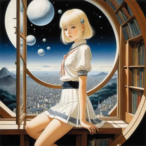Prompt: Emmanuelle Houdart, Kay Nielsen, Katsuhiro Otomo, Surreal, mysterious, strange, fantastical, fantasy, Sci-fi, Japanese anime, attic gallery, legends of centuries, beautiful blonde miniskirt girl and sphere, perfect voluminous body, painting is a window to madness, detailed masterpiece 