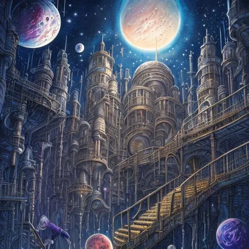 Prompt: John Stephens style, huge moon over sky, endless stair seems to reach to the moon, see galaxy in background, girl climbing stair, sci-fi, fantasy, anime, hand drawn water colour feel, surreal