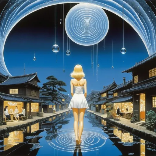 Prompt: Paul Delvaux, Katsuhiro Otomo, Louis le Brocquy, Arthur Boyd, Chiho Aoshima, Surrealism, wonder, strange, fantastical, fantasy, Sci-fi, Japanese anime, water droplets on a spiral shell, Babel at night, blonde miniskirt beautiful girl Alice, perfect voluminous body, detailed masterpiece dynamic action angles 