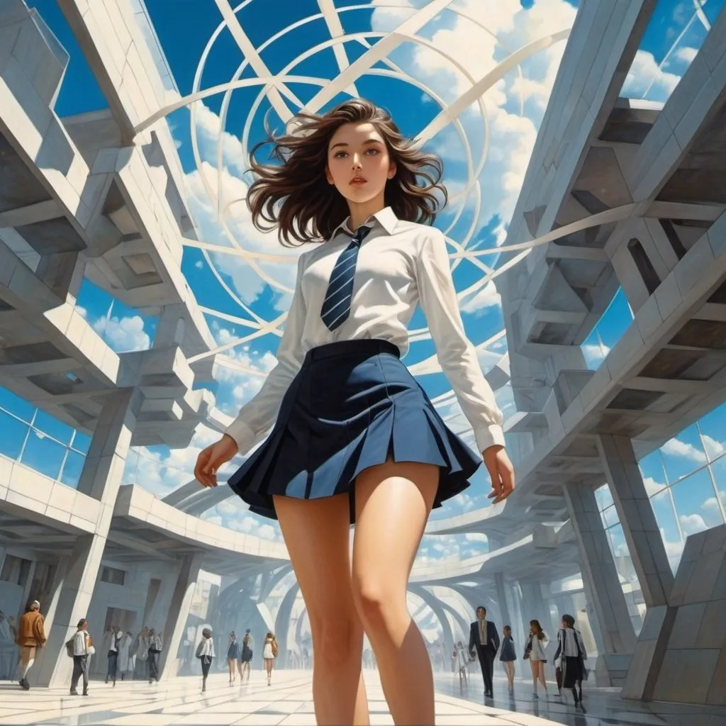 Prompt: Pierre Brissaud, Alexander Sharpe Ross, Hilary Knight, surrealism, strange, fantastical, fantasy, Sci-fi, Japanese anime, Weyl's axiomatic system, Gödel's completeness theorem, miniskirt beautiful high school girl strolling through geometry, perfect voluminous body, symbolism of numbers, detailed masterpiece 