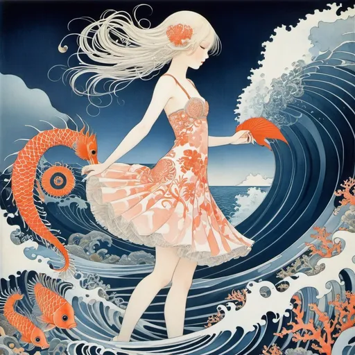 Prompt: Kay Nielsen, Zoe Mozert, Surreal, mysterious, strange, fantastic, fantasy, sci-fi, Japanese anime, beautiful girl in a miniskirt cutting out the sea, perfect voluminous body, coral, seahorse to catch fish, detailed masterpiece 