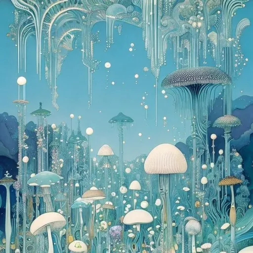 Prompt: Kay Nielsen Anime　wondrous　strange　Whimsical　surreal　absurderes　fanciful　Sci-Fi Fantasy　This is an event in a dream? No that's not right、After all......、Fossils of ground dragons, bird nuts, mushroom gardens ... I remember it all.。The bursting sound of bubbles of light blue carbonated water that still continues even after waking up from sleep、Inviting me into another dimension again