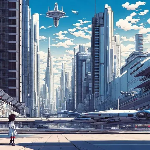 Prompt: Katsuhiro Otomo style, cityscape, spaceship landing, girl waiting on the ground, fine lines, hyperdetailed high resolution high definition high quality masterpiece 