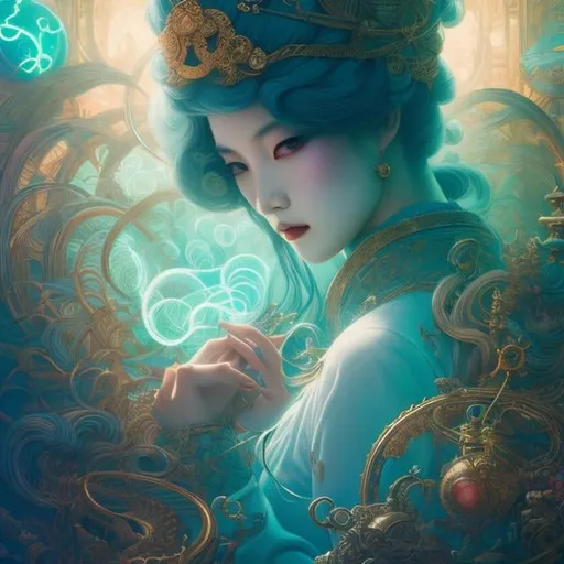 Prompt: James Jean, Mabel Attwell, Surreal, mysterious, strange, fantastical, fantasy, Sci-fi, Japanese anime, turn-of-the-century decadence and femme fatale, bar labyrinth, hourglass, detailed masterpiece, depth of field cinematic lighting 