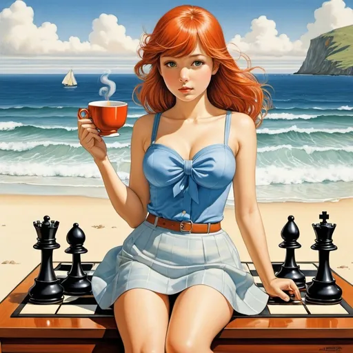 Prompt: Hans Eggimann full colours, Jared Muralt, Elsa Beskow, Emmanuelle Houdart, Katsuhiro Otomo, Surrealism, wonder, strange, bizarre, fantasy, Sci-fi, Japanese anime, seaside chess game, walking conch shell, beautiful high school girl in a miniskirt, perfect voluminous body, another cup of tea, detailed masterpiece 