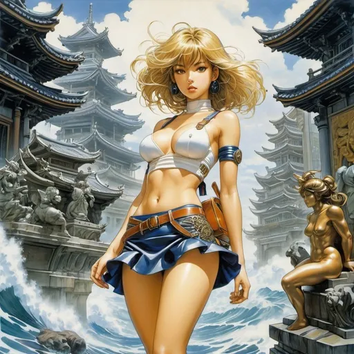Prompt: Femke Hiemstra, Masamune Shirow, Surreal, mysterious, strange, fantastical, fantasy, Sci-fi, Japanese anime, reincarnated icon, beautiful girl in a miniskirt who is troubled, perfect voluminous body, freely travels back and forth between ancient and modern times, floating in the brackish waters of statues and art, detailed masterpiece 