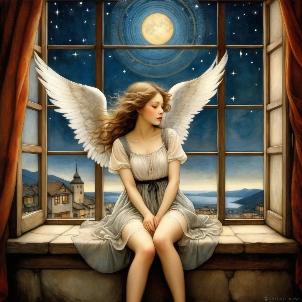 Prompt: Arthur Rackham, Christian Schloe, Surreal, mysterious, strange, fantastical, fantasy, Sci-fi, Japanese anime, miniskirt beautiful angel by the window, perfect voluminous body, Nativity festival, starry night, detailed masterpiece bird’s eye views perspectives angles