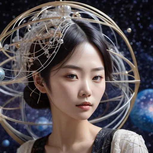 Prompt: Inger Edelfeldt, Takeo Takei, Surreal, mysterious, strange, fantastical, fantasy, Sci-fi, Japanese anime, beautiful girl who builds a wire model of the celestial sphere, perfect voluminous body, space development era, detailed masterpiece 