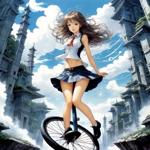 Prompt: Eliza Wheeler, Yoshitaka Amano, Surreal, mysterious, strange, fantastical, fantasy, Sci-fi, Japanese anime, miniskirt beautiful girl on a unicycle, perfect body, lost city, cracked diamond, detailed masterpiece 