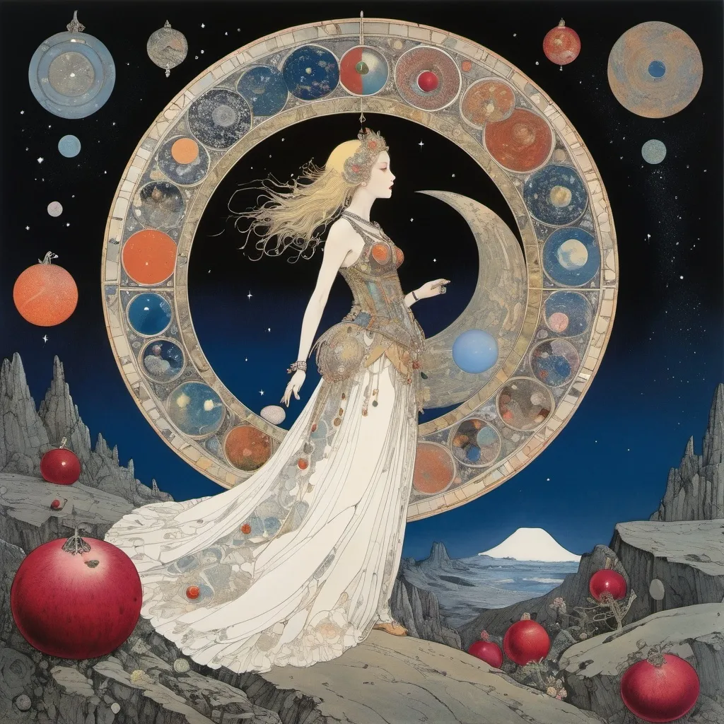 Prompt: Harry Clarke, Hilda T Miller, Stephen Reid, Katsuya Terada, Michał Bylina, Surrealism, wonder, bizarre, bizarre, fantasy, Sci-fi, Japanese anime, fossils of the early solar system, ruby ​​night, gravitational energy during the formation of celestial bodies, the lost pomegranate, blonde miniskirt beautiful girl Alice  Perfect voluminous body, detailed masterpiece 