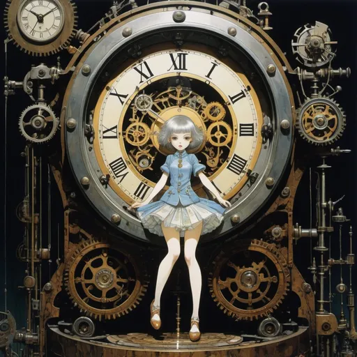 Prompt: Martijn van der Linden, Harry Clarke, Shigeru Tamura, Surrealism, Mysterious, Strange, Outlandish, Fantasy, Sci-Fi, Japanese Anime, A beautiful girl in a miniskirt is trapped inside a mechanical clock, perfect voluminous body, and a stroller clutches a silver key and discovers an ark in the amber light, detailed masterpiece 