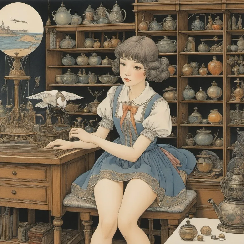 Prompt: Jan Švankmajer, Anton Pieck, George Barbier, Surrealism, mysterious, bizarre, bizarre, fantasy, Sci-fi, Japanese anime, miniskirt beautiful high school girl who spins fibers of darkness, perfect voluminous body, myth, fairy tale, parody, but flying is easy, detailed masterpiece bird’s eye views 