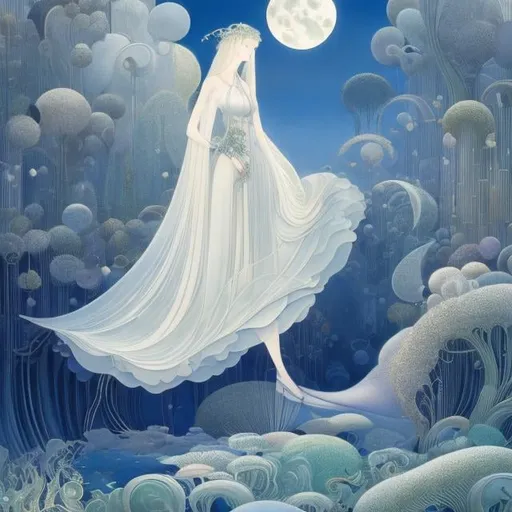 Prompt: Kay Nielsen, Kate Greenaway, François-Louis Schmied, Japanese Anime, Surreal Mysterious Weird Fantastic Fantasy Sci-Fi, The Moon Floating in the Washing Machine,  The Moon Needs Washing Too, Beautiful voluminous perfect body girl, hyper detailed, high resolution high definition high quality masterpiece 