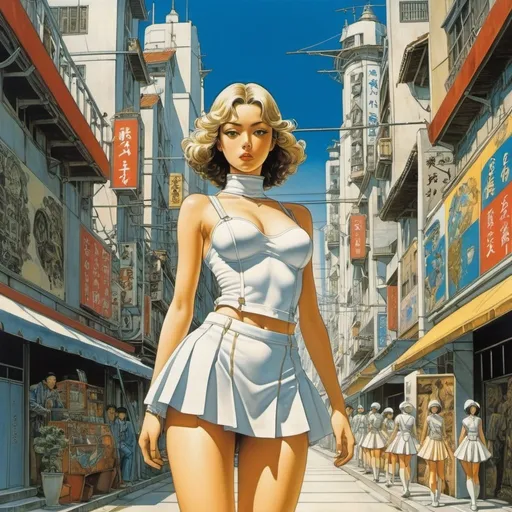 Prompt: Giorgio de Chirico, Melvyn Grant, Katsuya Terada, Hajime Sorayama, Thomas Kidd, Surrealism Mysterious Bizarre Fantastic Fantasy Sci-Fi, Japanese Anime, City of Mannequins, The only human is a beautiful high school girl in a miniskirt, perfect voluminous body, searches for a human friend, detailed masterpiece 